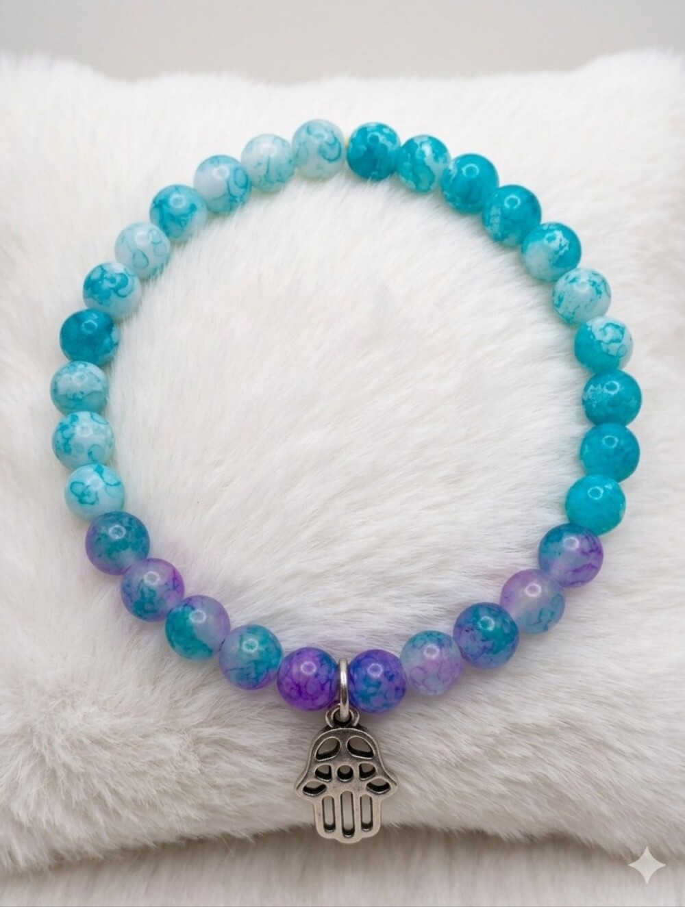 Turquoise & Purple Beaded Bracelet with Hamsa Charm